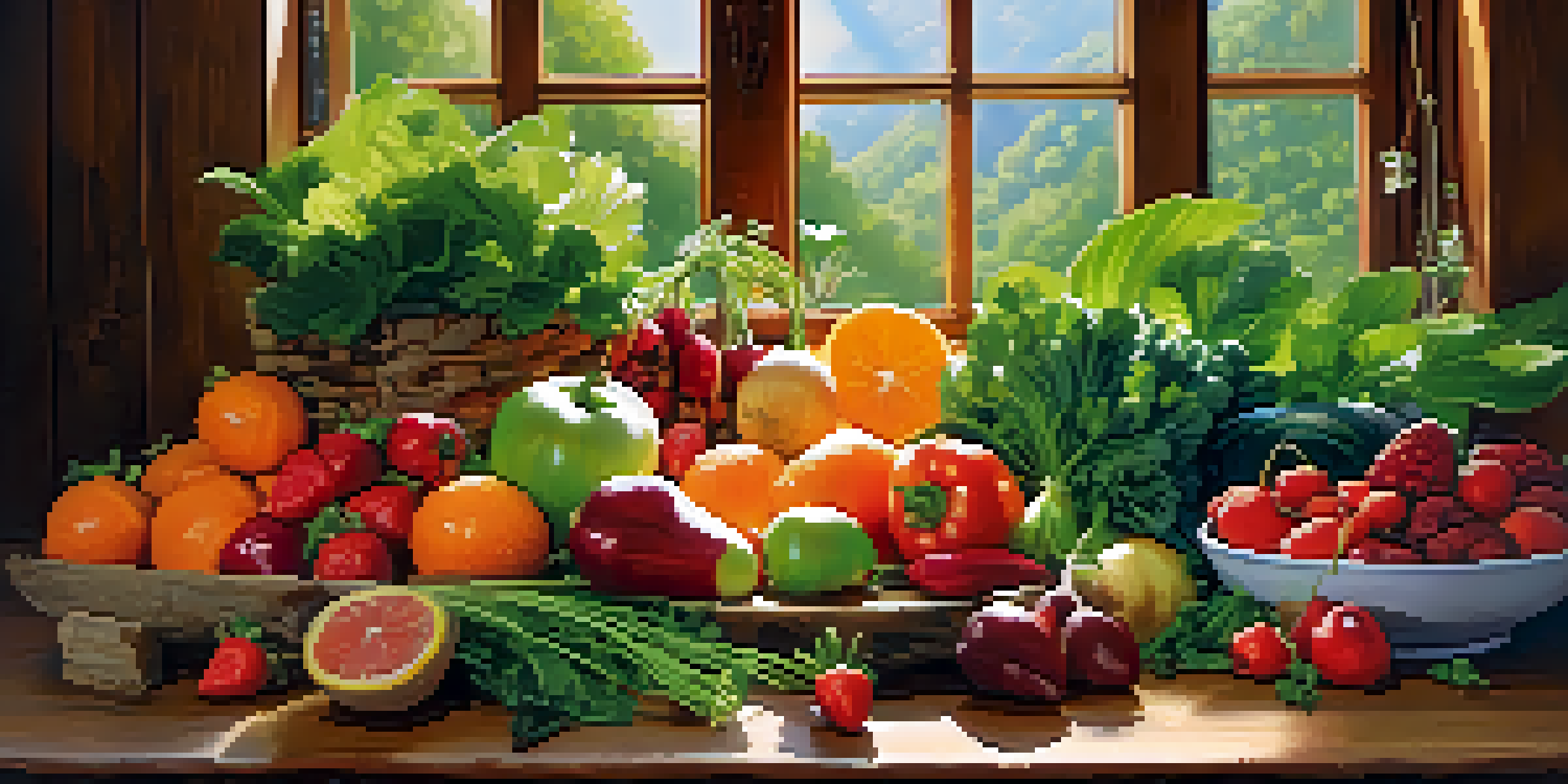 A colorful assortment of raw fruits and vegetables displayed on a wooden table, with sunlight illuminating the scene.
