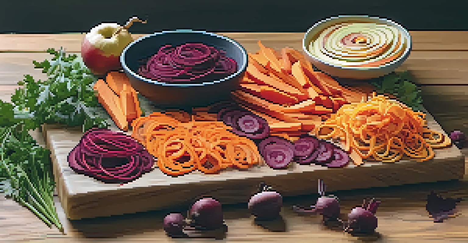 A raw food platter with spiralized vegetables and apples, presented on a wooden board, with fall leaves in the background.