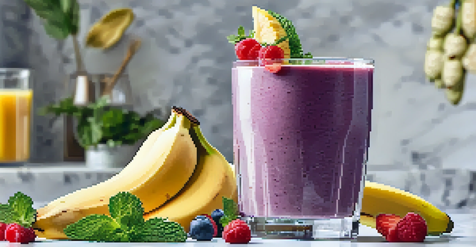 A green smoothie in a clear glass with banana and mint garnish, surrounded by fresh fruits on a marble countertop.
