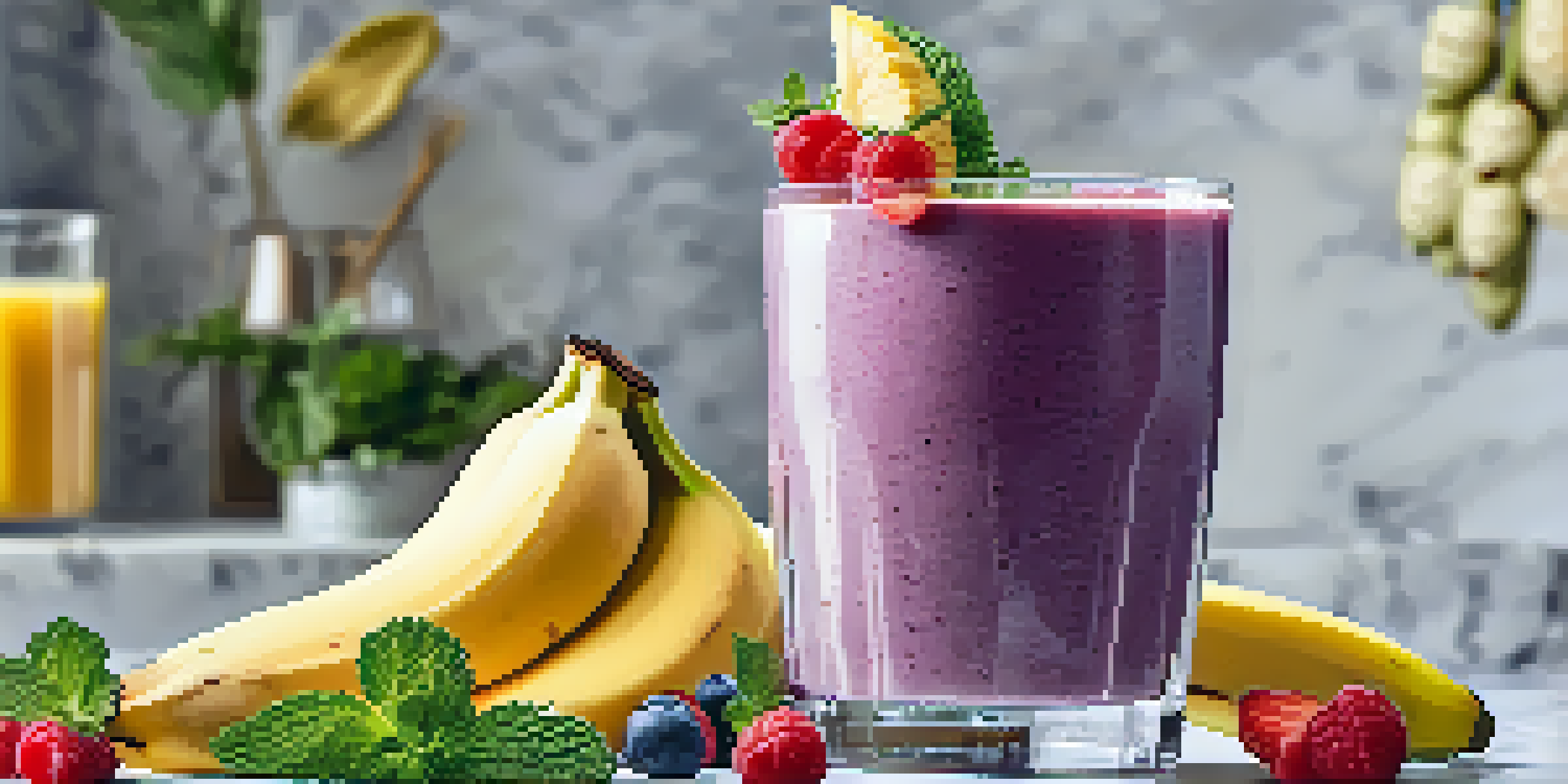 A green smoothie in a clear glass with banana and mint garnish, surrounded by fresh fruits on a marble countertop.