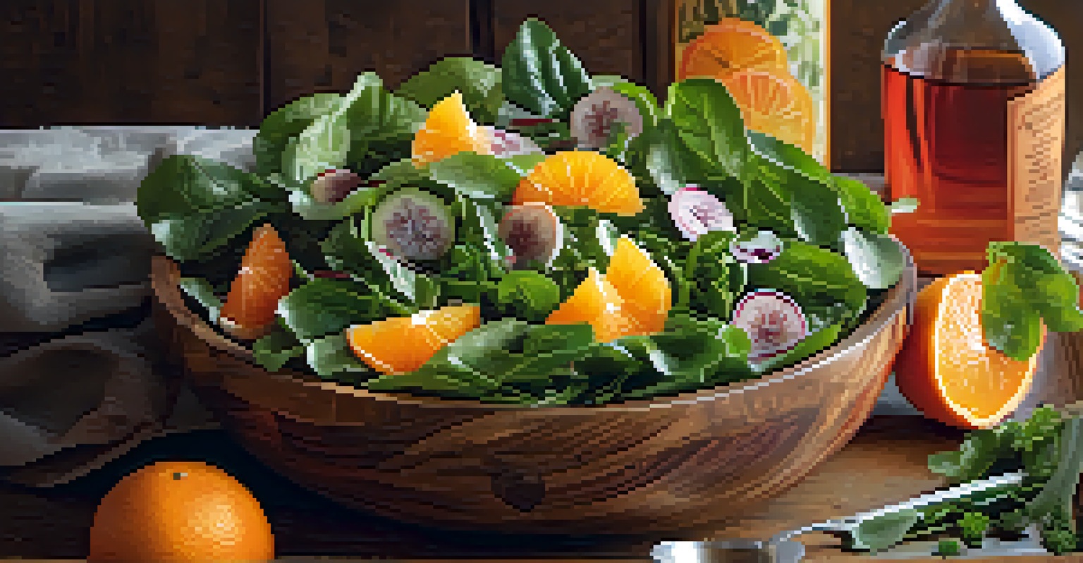 A colorful spring salad with leafy greens and citrus fruits in a wooden bowl, illuminated by sunlight.