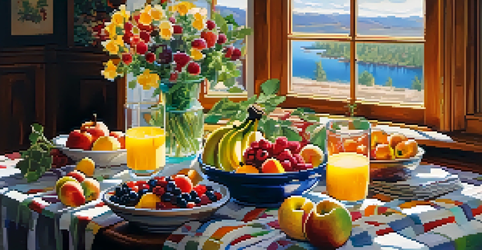 A bright and colorful breakfast with a fruit salad and smoothie on a rustic table.