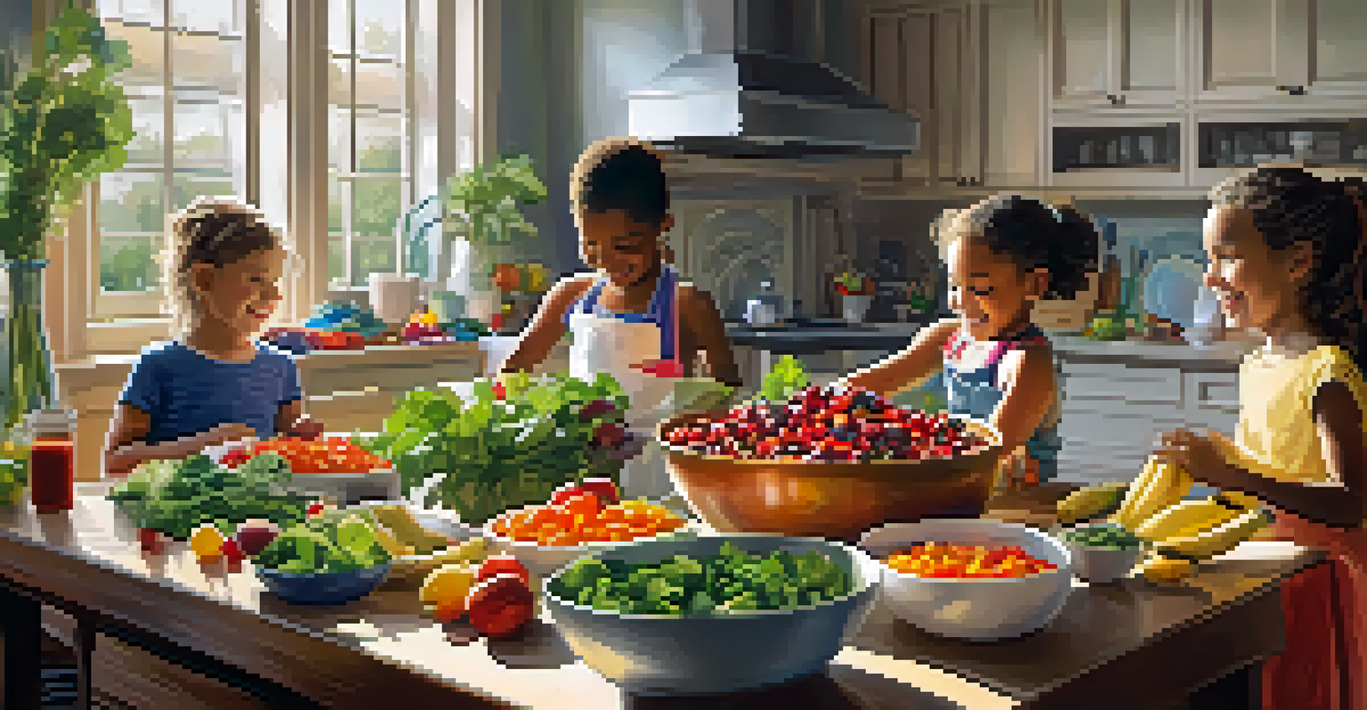 Kids preparing colorful raw food dishes in a bright kitchen, surrounded by fresh fruits and vegetables, showcasing their smiles and creativity.