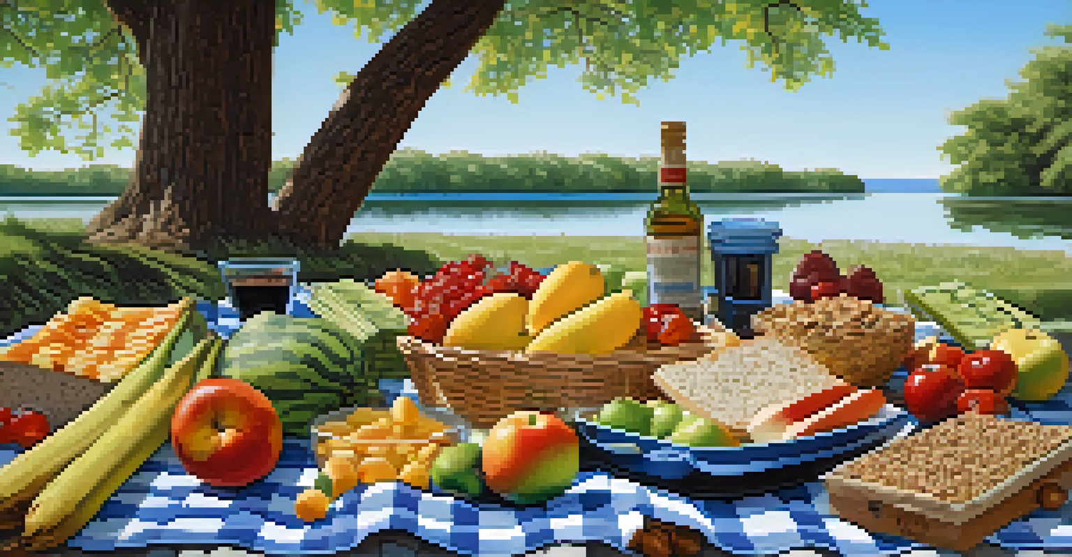 An outdoor picnic setup with a checkered blanket displaying various raw foods like fruits, vegetable sticks, and nuts, surrounded by greenery.