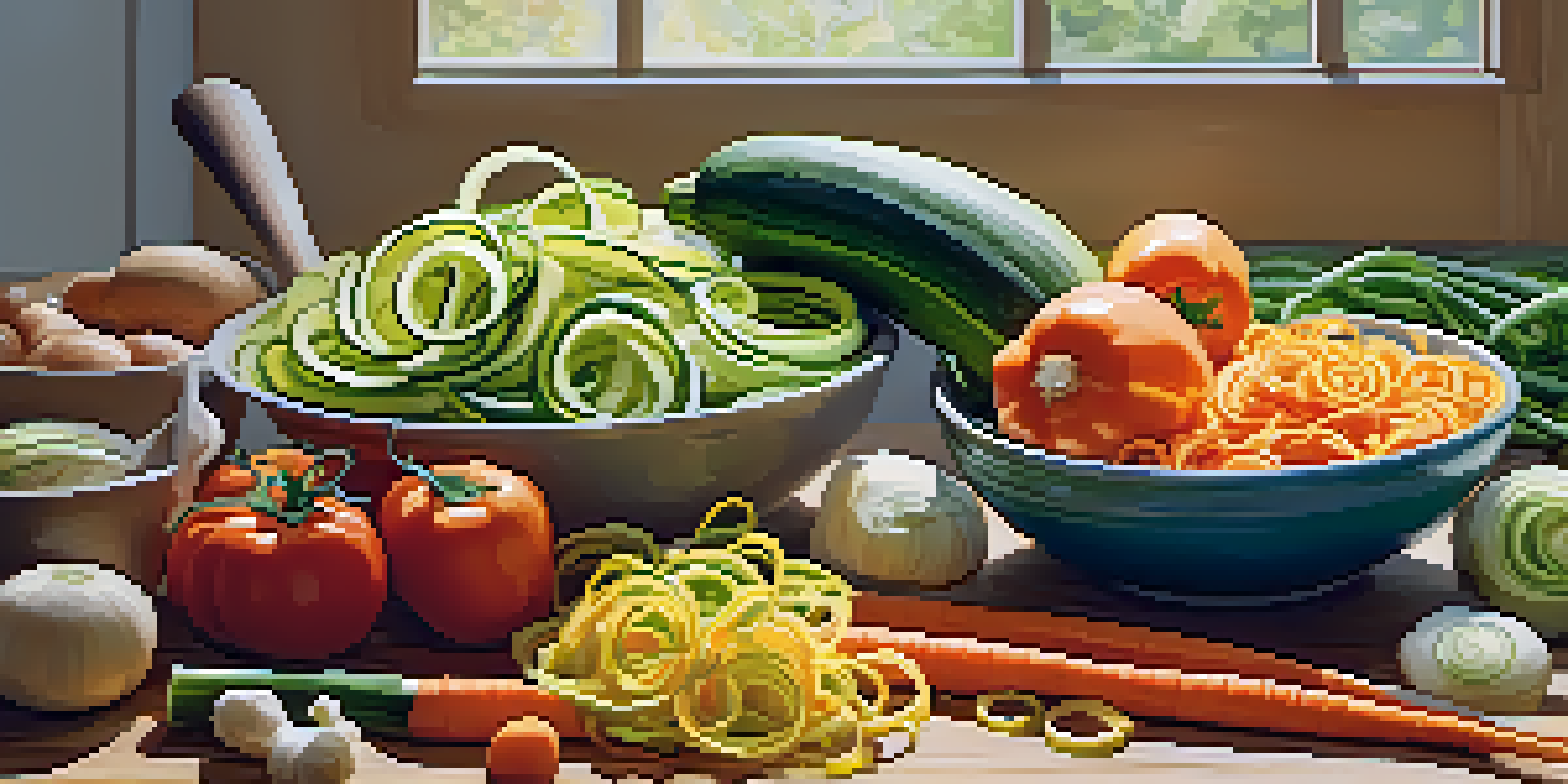 A kitchen scene displaying colorful spiralized vegetables like zucchini, carrots, and cucumbers on a wooden cutting board, with soft natural lighting.