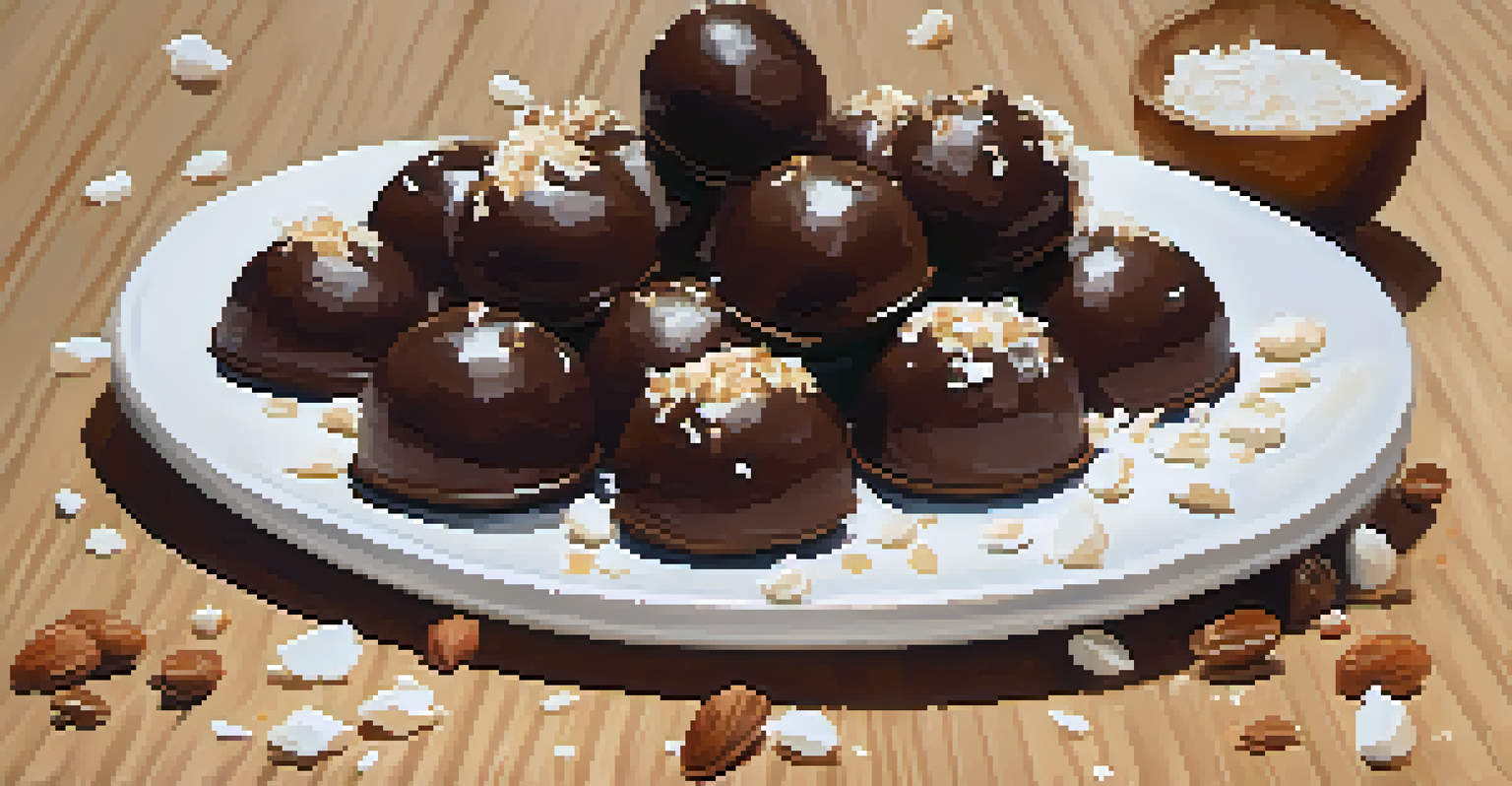 Delicious raw coconut macaroons dipped in chocolate on a light wooden plate with chopped nuts around them.