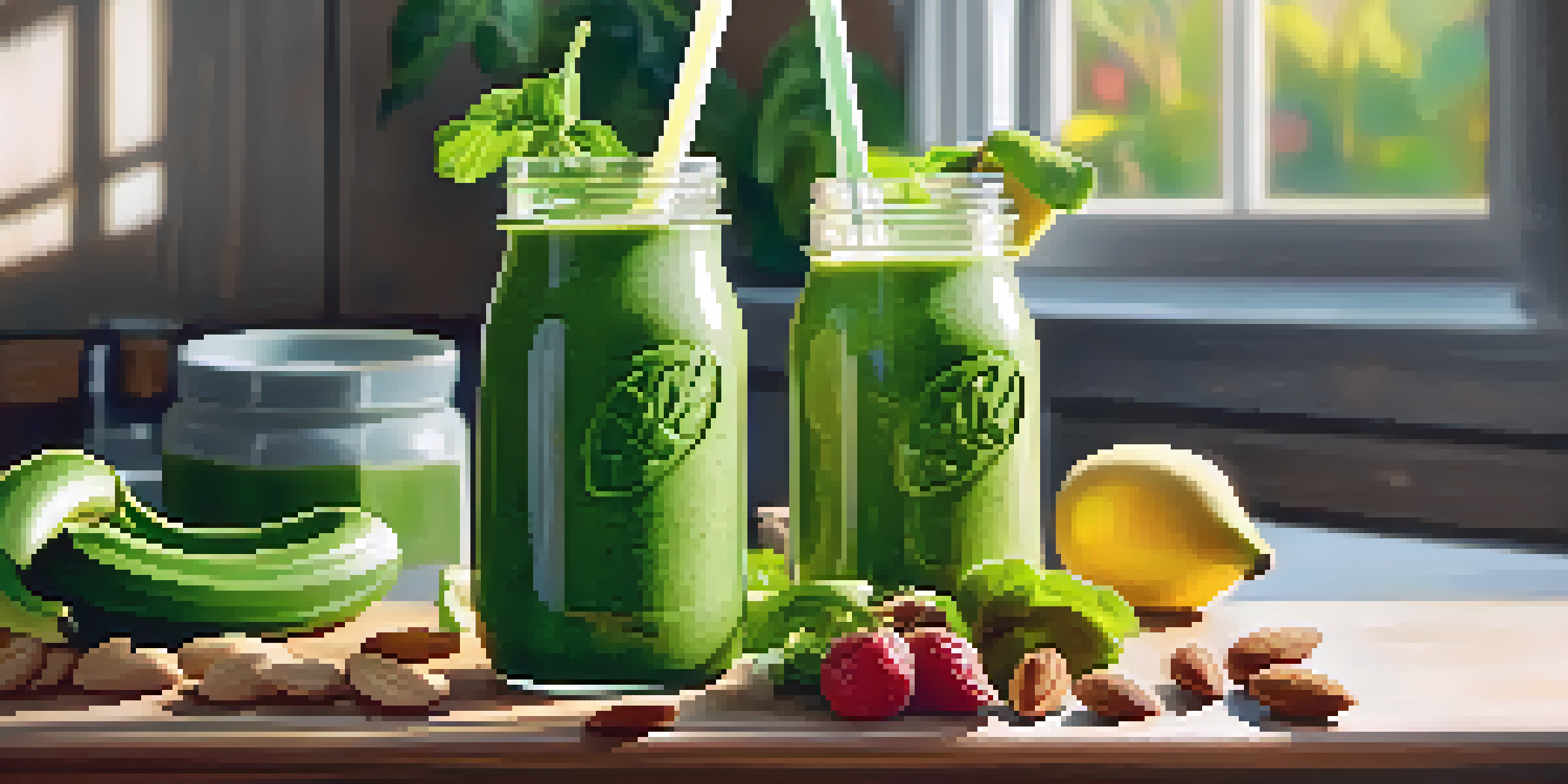 A green smoothie made with spinach and banana in a glass on a wooden counter, surrounded by fresh fruits and vegetables under warm sunlight.