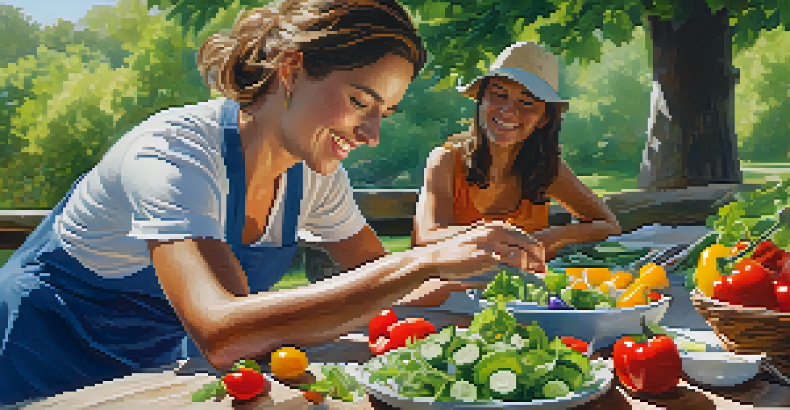 A person preparing a colorful raw salad at a picnic table in a natural outdoor setting.
