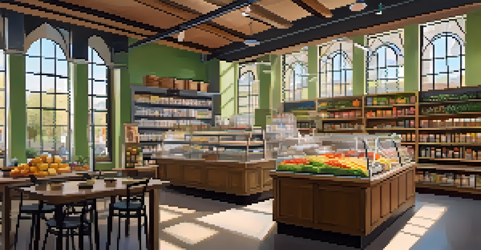 An inviting health food store with shelves of raw food products and a café area.