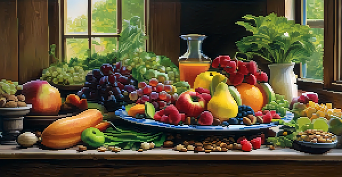 A colorful raw food platter with fresh fruits, vegetables, nuts, and seeds arranged on a wooden table, illuminated by natural light.