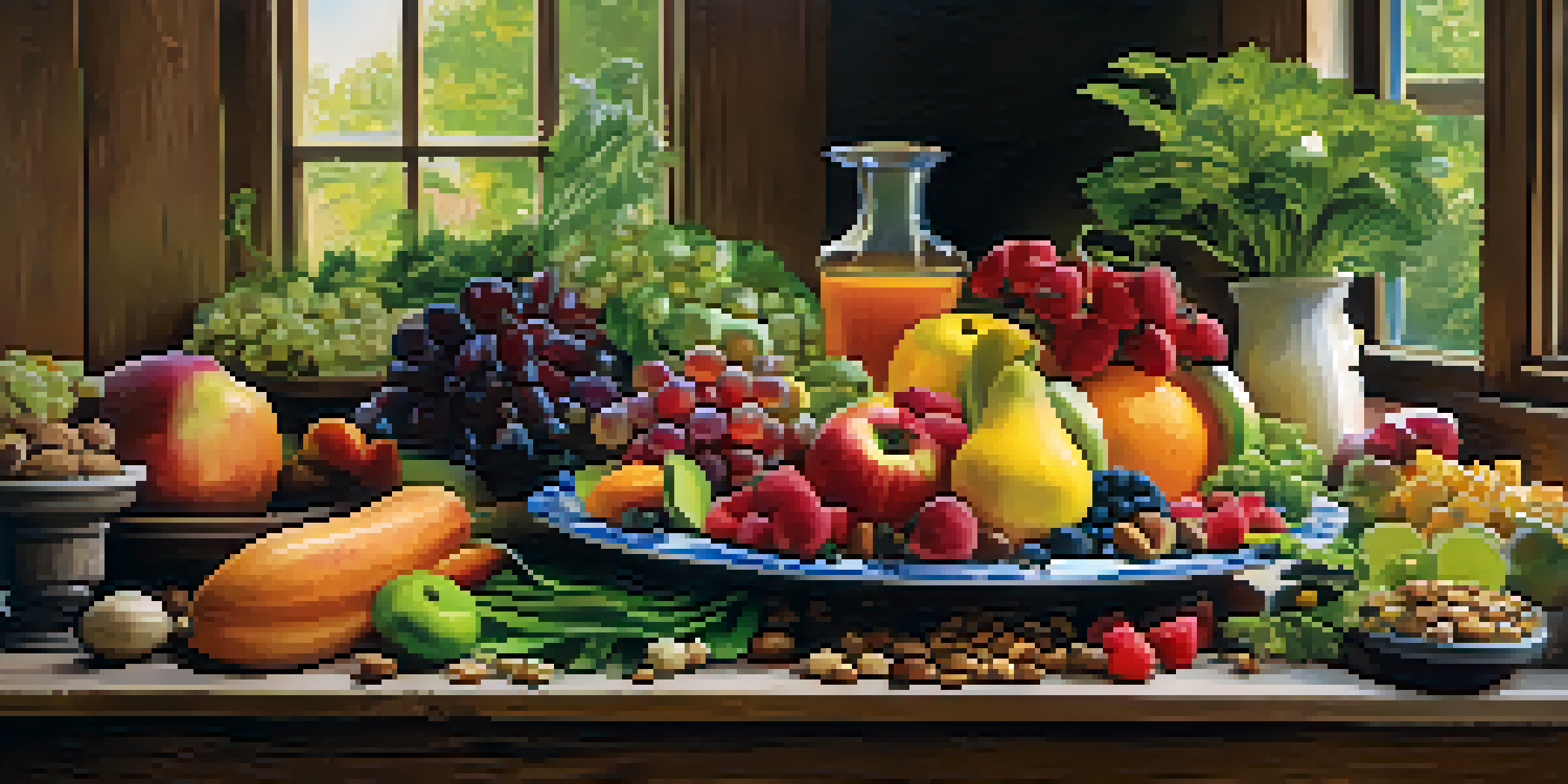 A colorful raw food platter with fresh fruits, vegetables, nuts, and seeds arranged on a wooden table, illuminated by natural light.