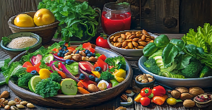 A colorful raw vegan meal with assorted fresh vegetables, fruits, and nuts on a wooden table, illuminated by natural light.