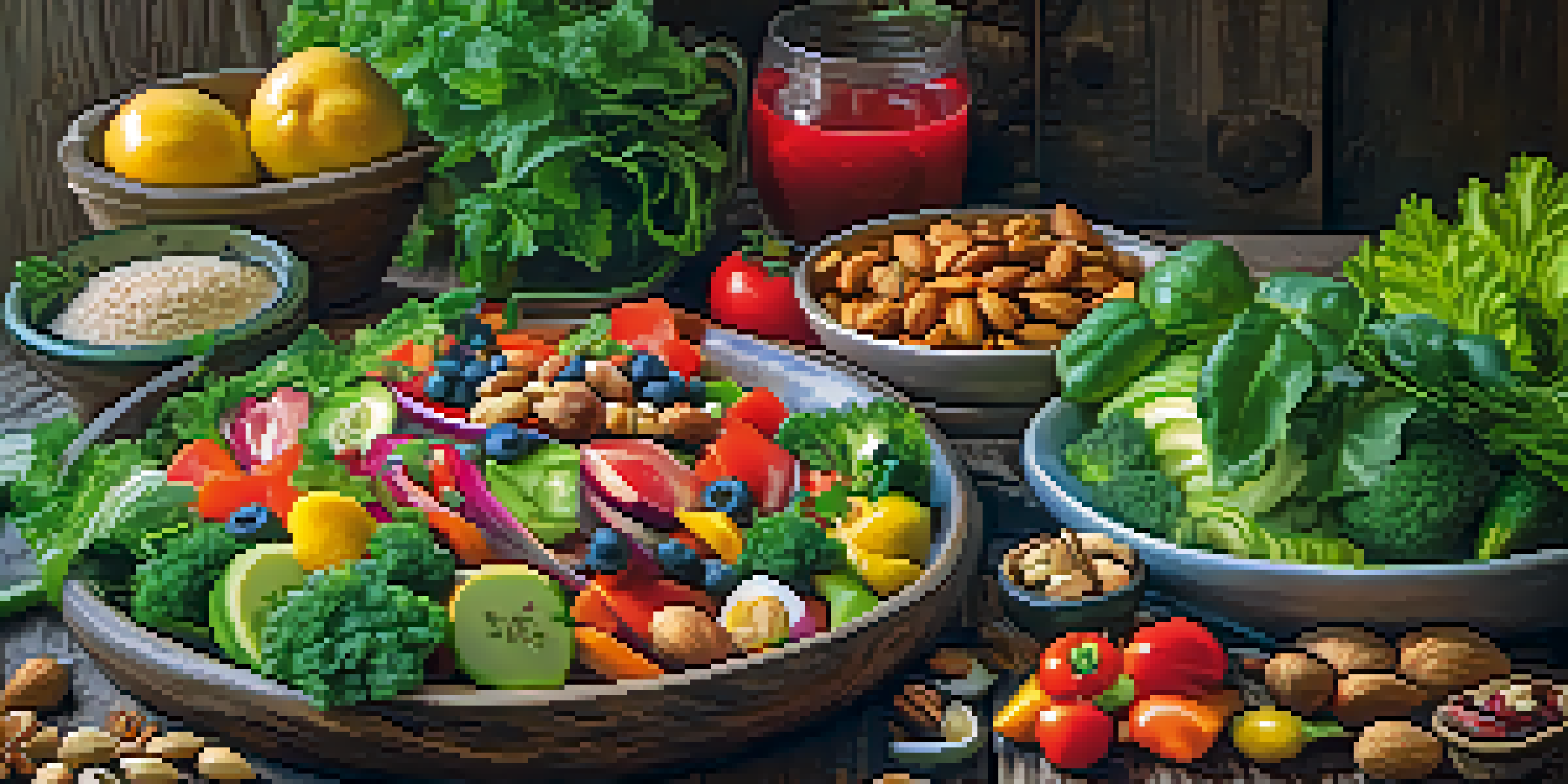 A colorful raw vegan meal with assorted fresh vegetables, fruits, and nuts on a wooden table, illuminated by natural light.