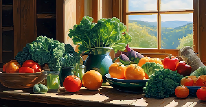 A kitchen with fresh raw fruits and vegetables like oranges, kale, and tomatoes arranged on a wooden table, illuminated by soft sunlight.