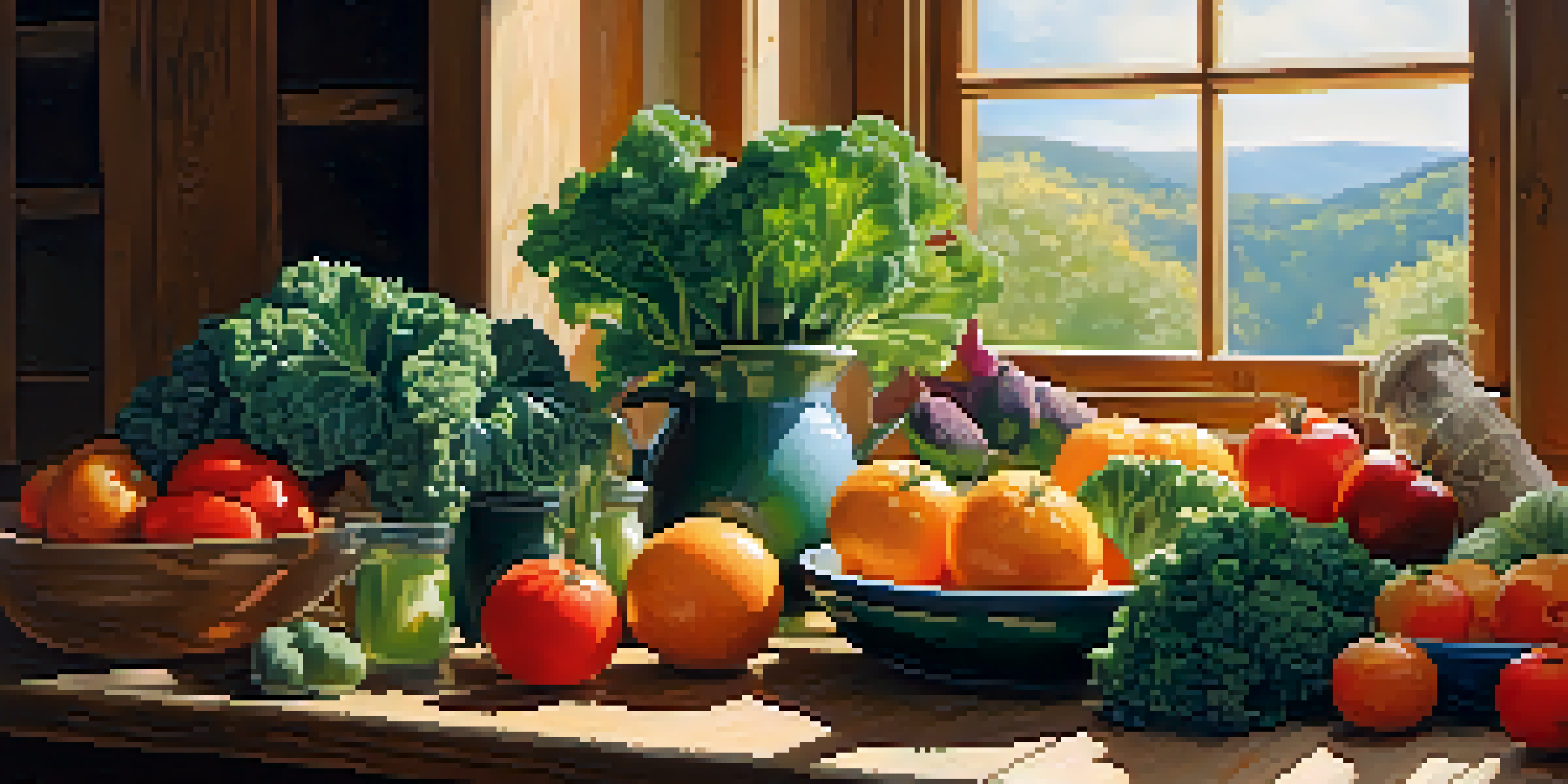A kitchen with fresh raw fruits and vegetables like oranges, kale, and tomatoes arranged on a wooden table, illuminated by soft sunlight.