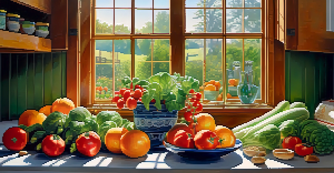 A bright kitchen with an assortment of fresh fruits and vegetables displayed on a countertop, illuminated by sunlight.