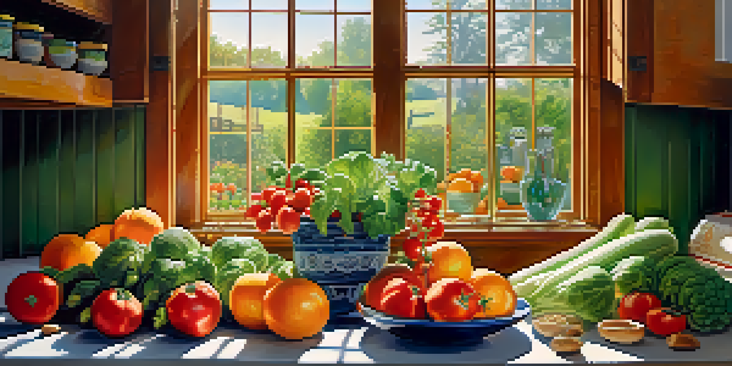 A bright kitchen with an assortment of fresh fruits and vegetables displayed on a countertop, illuminated by sunlight.