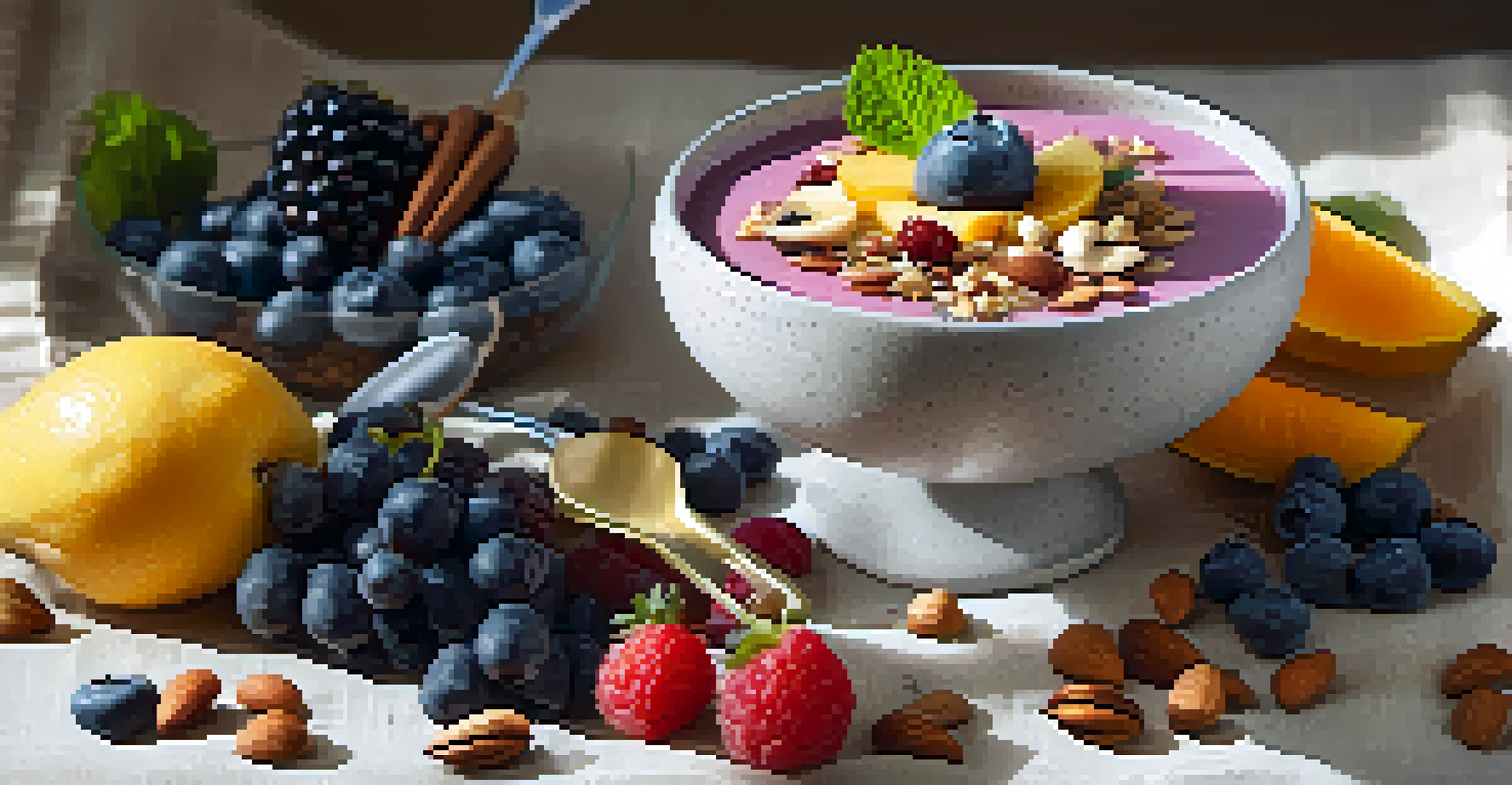 A close-up of a raw smoothie bowl filled with fresh fruits, nuts, and seeds, placed on a textured cloth with a spoon beside it.