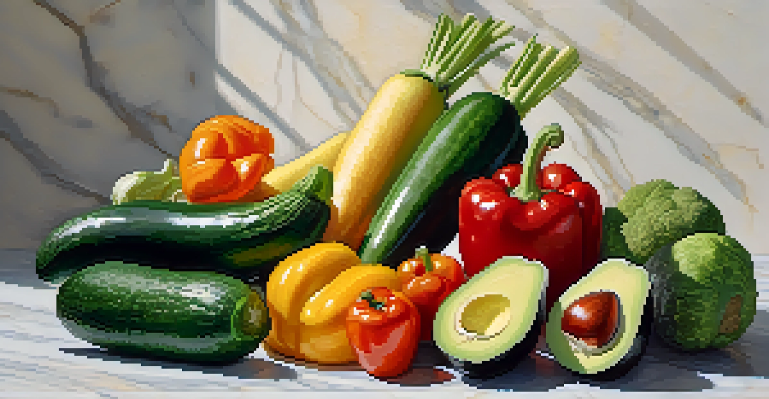 A still life of colorful raw vegetables and fruits arranged on a marble countertop, illuminated with warm light.