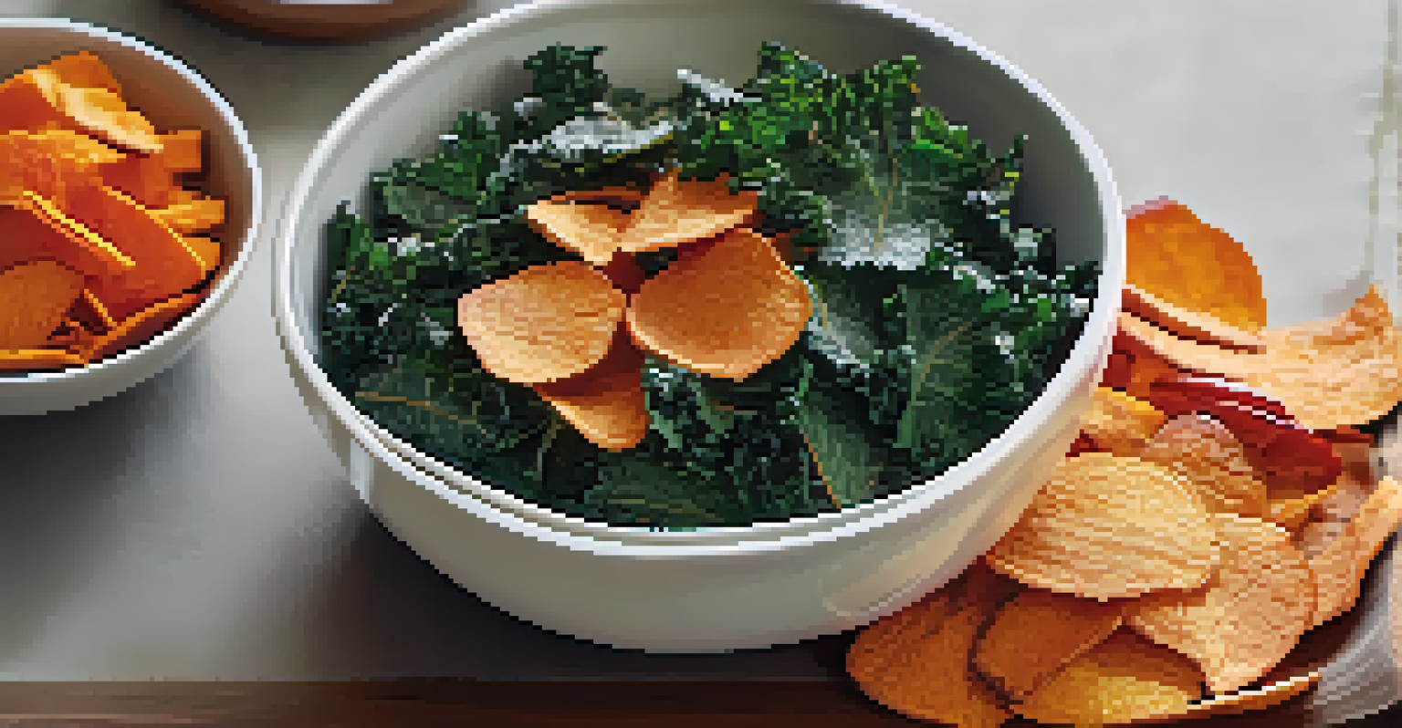 A white bowl filled with colorful vegetable chips and a small dish of hummus, showcasing the textures and colors of the snacks.