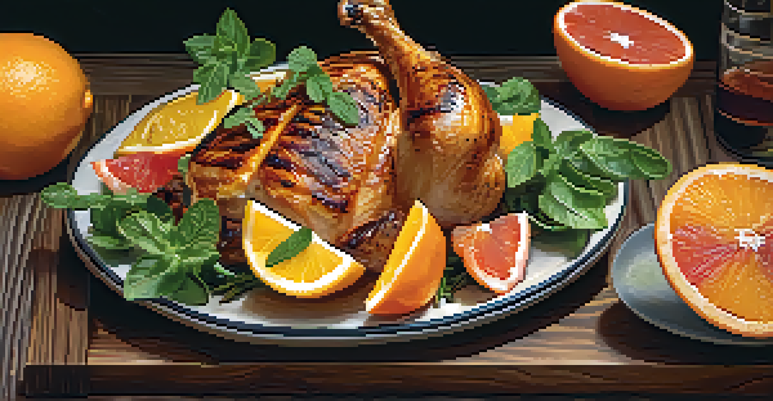 Grilled chicken with a refreshing citrus salad of orange and grapefruit, garnished with mint.