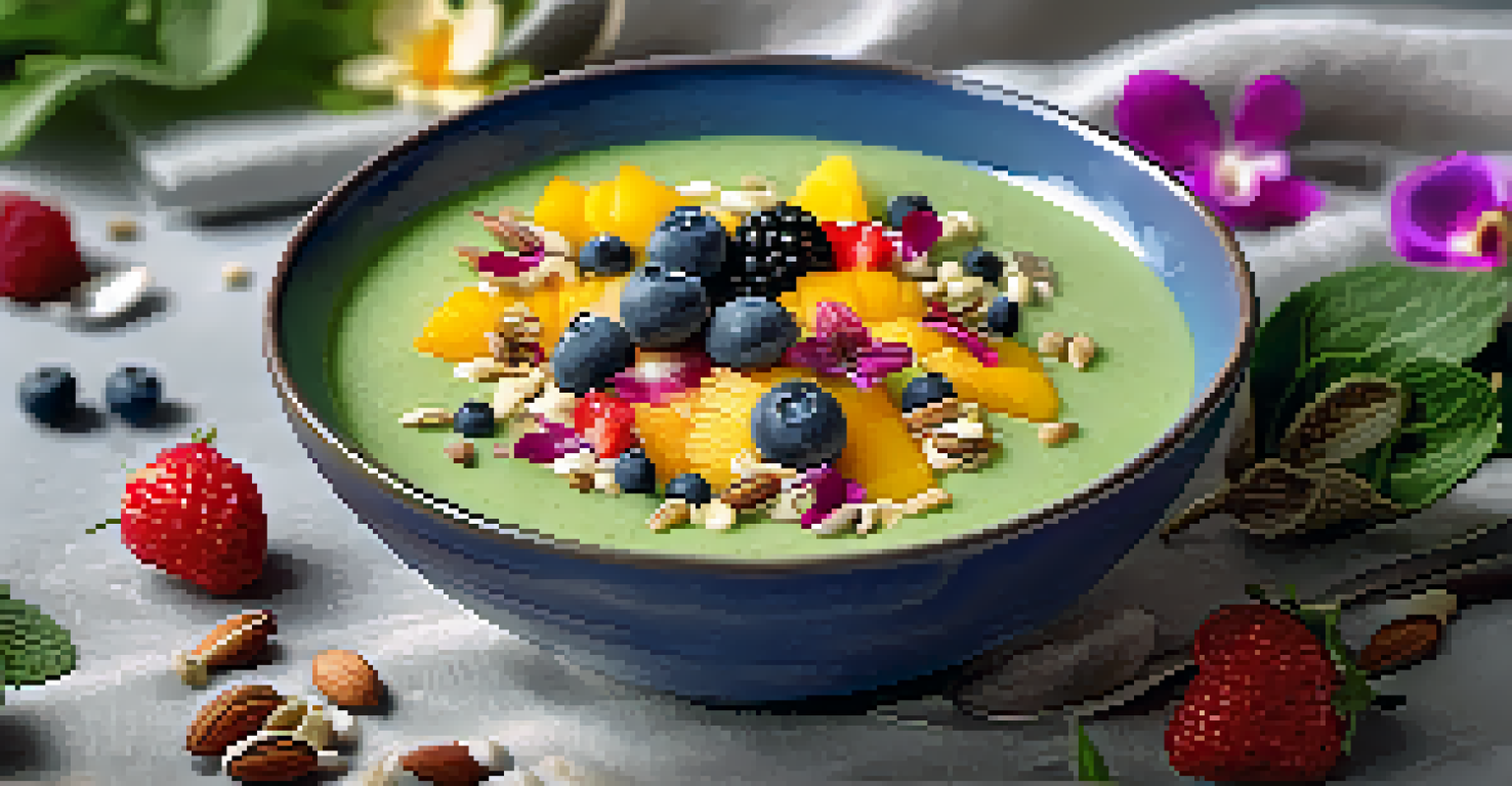 A close-up of a colorful smoothie bowl filled with blended greens and topped with fresh fruits, nuts, and edible flowers, set on a textured cloth with a spoon beside it.