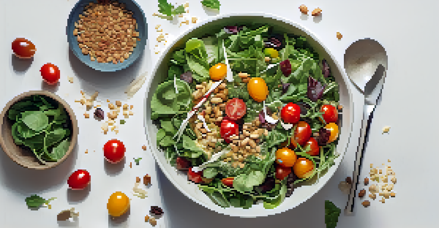 An overhead view of a nutritious raw salad bowl filled with leafy greens, cherry tomatoes, and nuts, featuring soft diffused lighting.