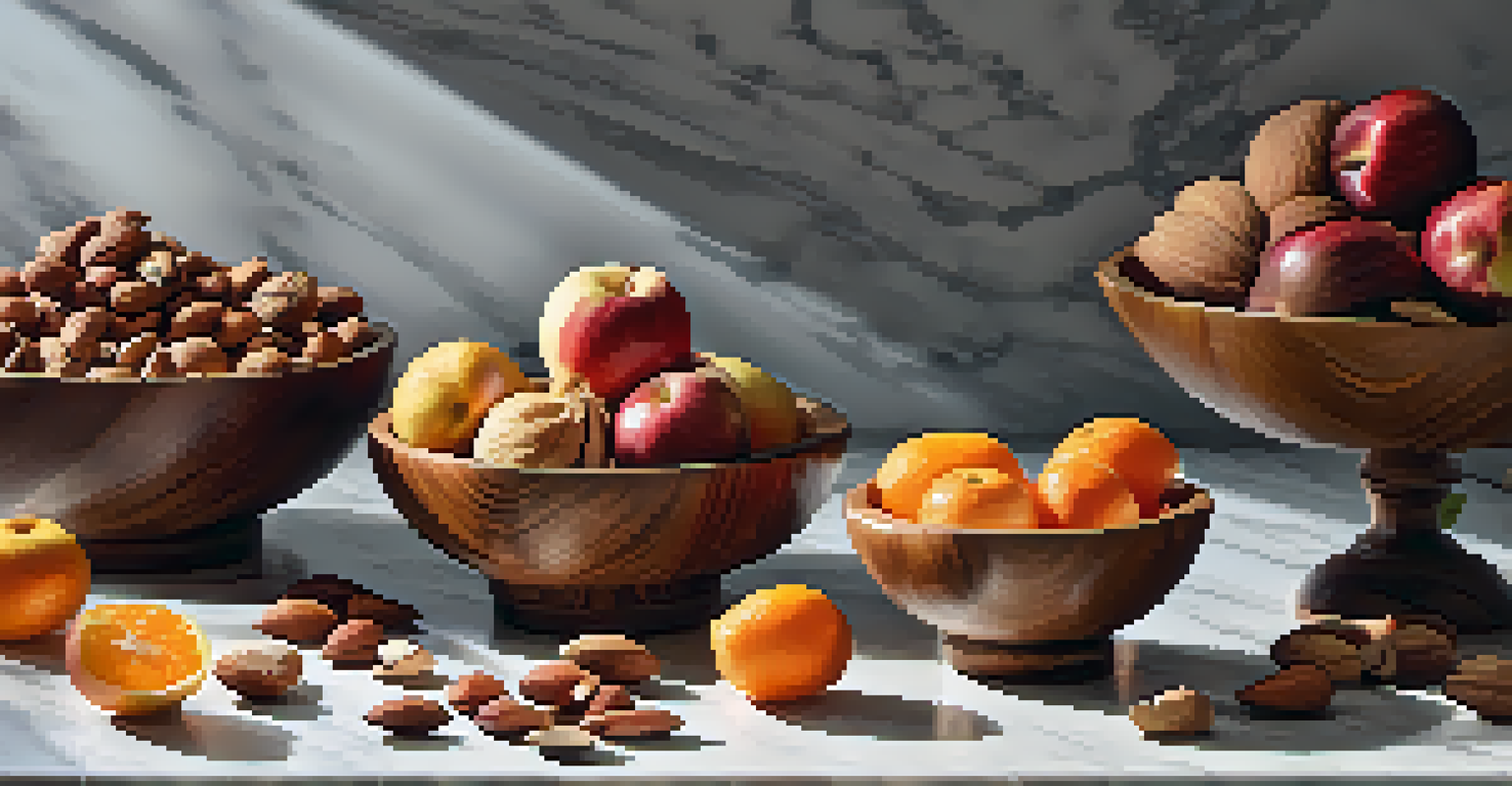 An arrangement of nuts and seeds in wooden bowls with fresh fruits on a marble countertop, illuminated by natural light.