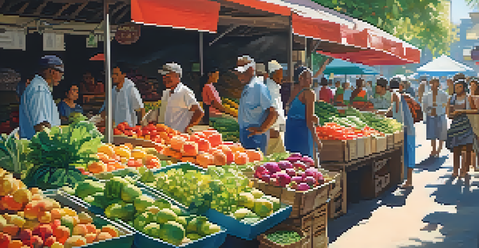 A lively market filled with various fresh fruits and vegetables, illuminated by sunlight filtering through leaves.