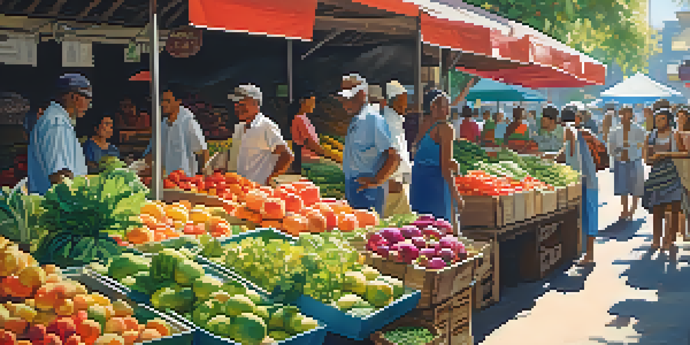 A lively market filled with various fresh fruits and vegetables, illuminated by sunlight filtering through leaves.