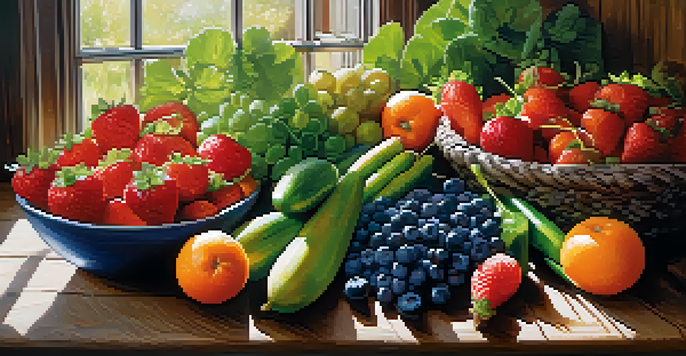 A colorful variety of fresh, raw fruits and vegetables on a wooden table, illuminated by natural sunlight.
