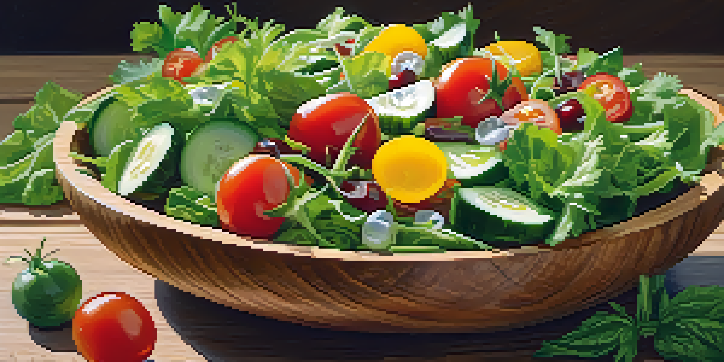 A colorful raw food salad in a wooden bowl with fresh greens, cherry tomatoes, and cucumbers, lit by natural sunlight.