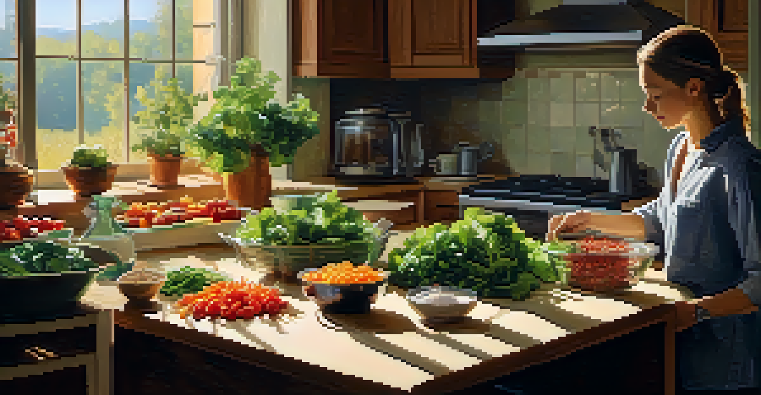 A person making a raw salad in a bright kitchen filled with fresh vegetables and ingredients.
