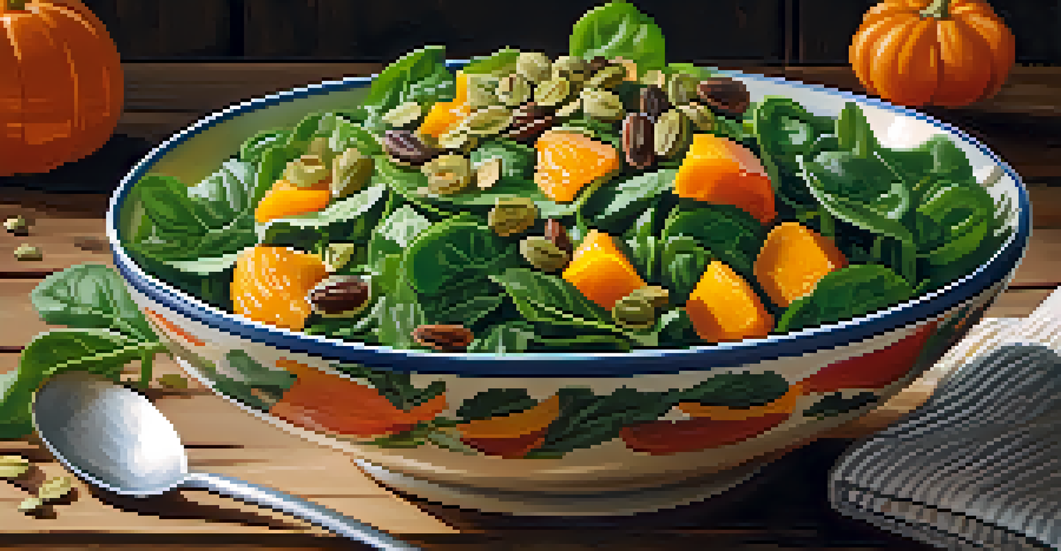 A colorful salad bowl filled with leafy greens, nuts, and fruits, showcasing a healthy meal rich in iron.