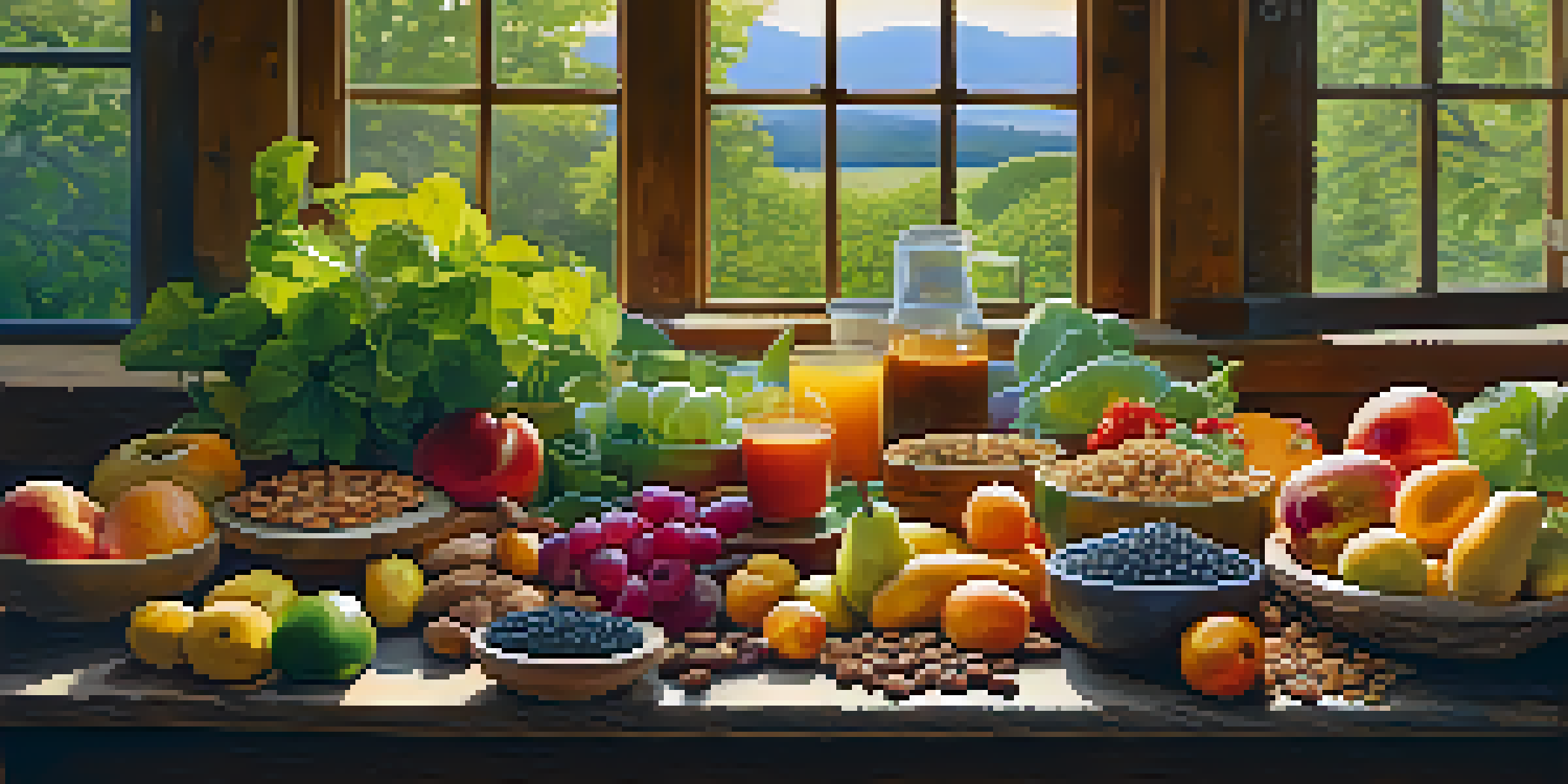 A colorful arrangement of raw fruits, vegetables, nuts, and seeds on a wooden table, illuminated by sunlight.