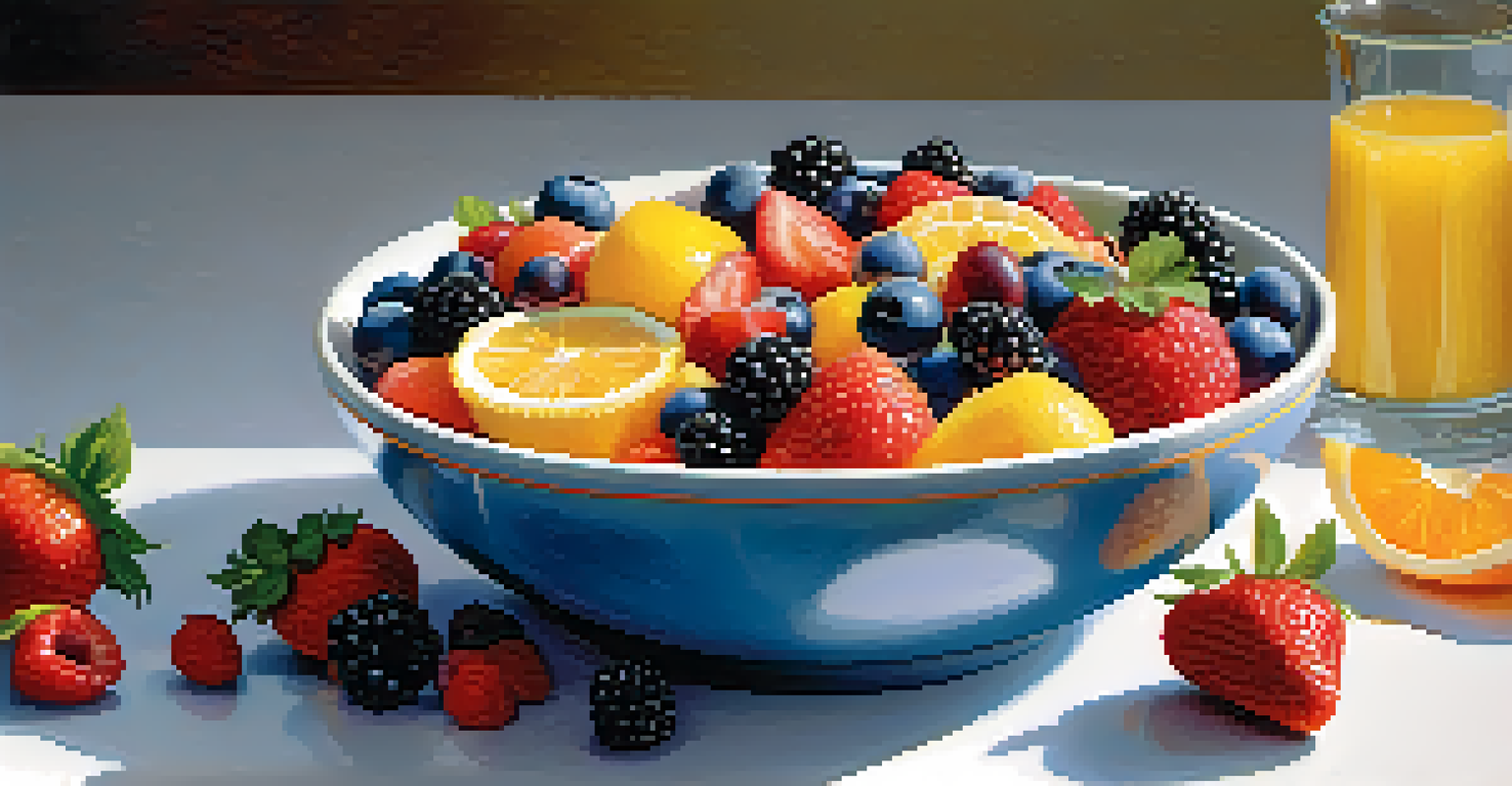 A bowl of mixed fruit salad featuring strawberries, blueberries, and citrus slices, brightened by natural light.