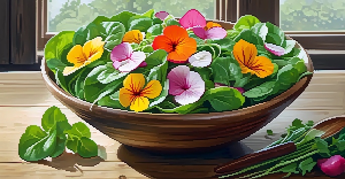A colorful spring salad with fresh greens, sliced radishes, and edible flowers in a wooden bowl, set in a rustic kitchen with natural lighting.
