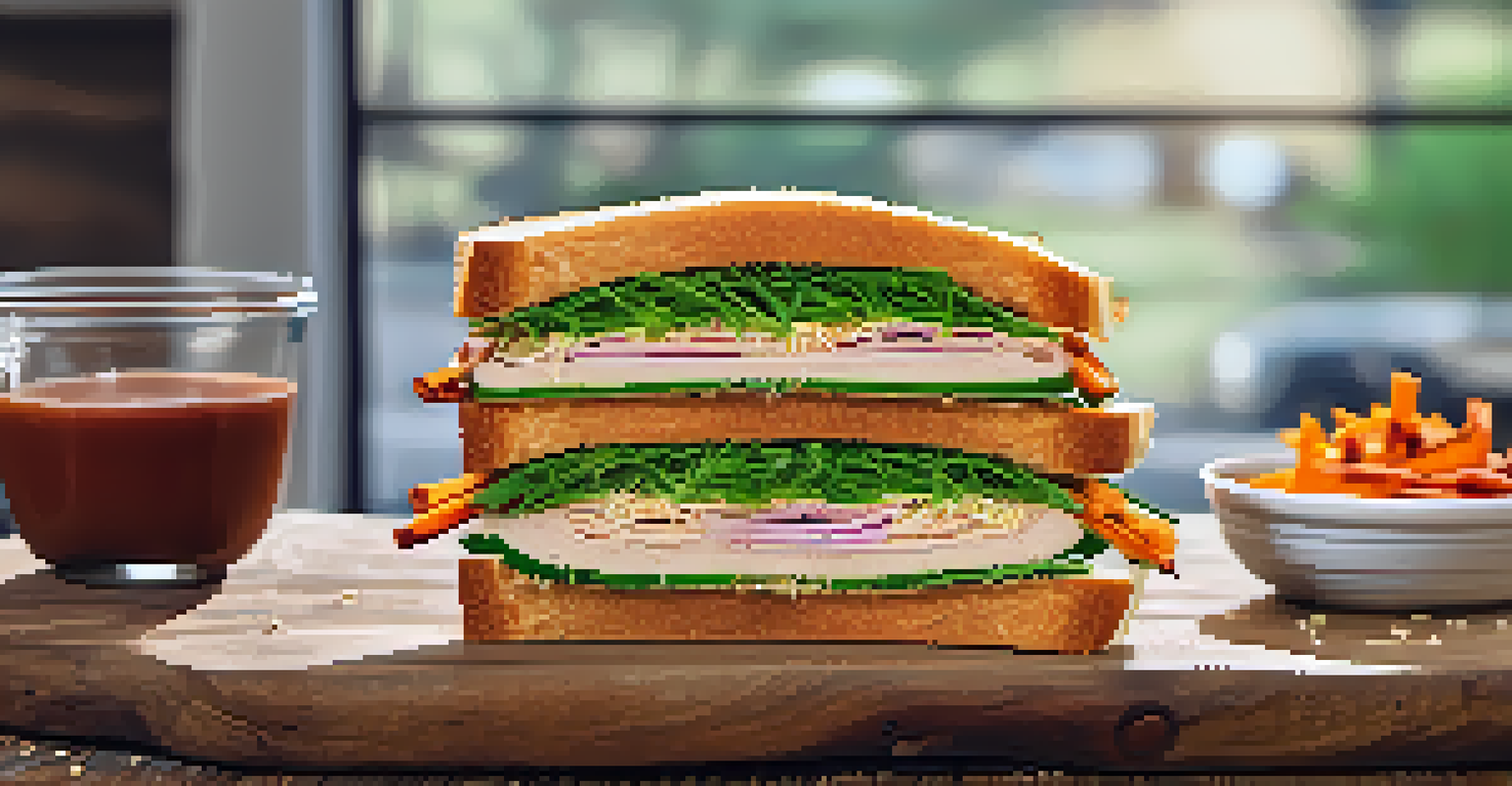 A turkey sandwich with alfalfa sprouts and sweet potato fries on a wooden board.