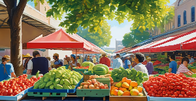 A lively outdoor market filled with fresh fruits and vegetables under warm sunlight, showcasing a variety of colors and textures.