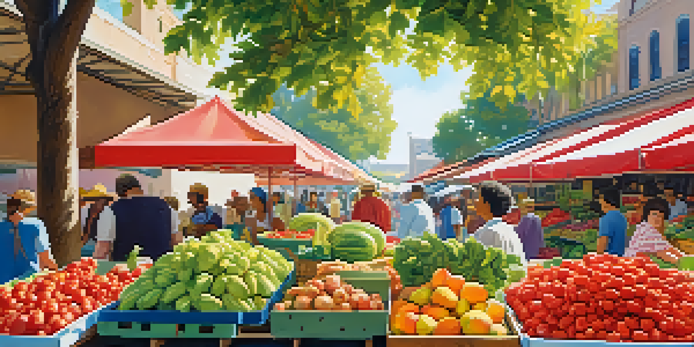 A lively outdoor market filled with fresh fruits and vegetables under warm sunlight, showcasing a variety of colors and textures.