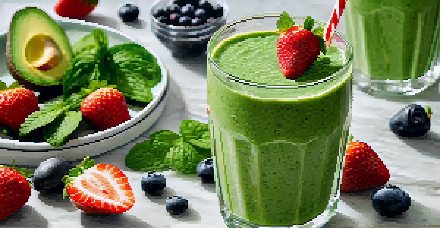 A green smoothie with berries in a glass on a marble countertop.