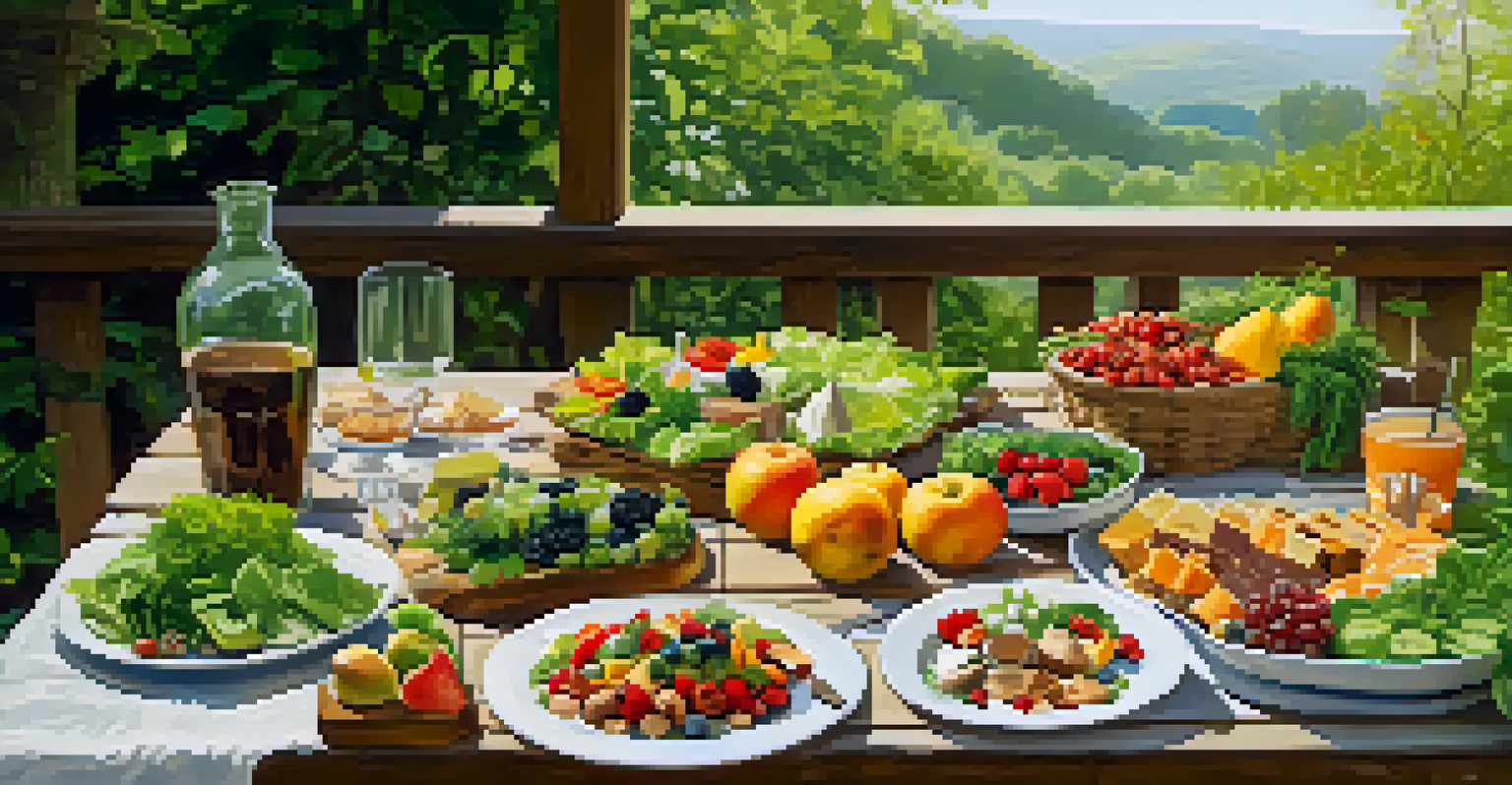 An outdoor picnic table filled with colorful raw food dishes like salads and fruit platters, surrounded by greenery.