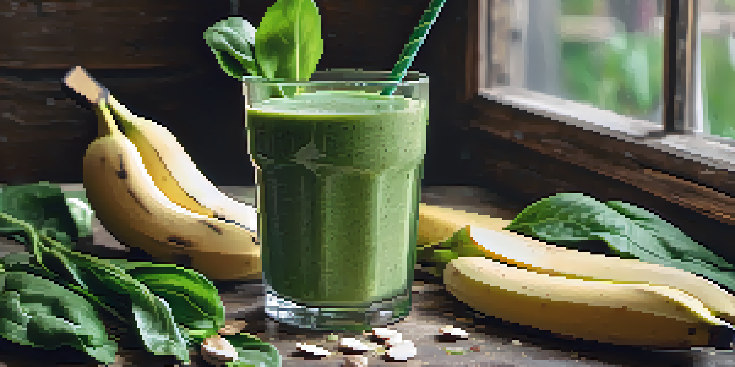 A clear glass filled with a green smoothie made of spinach and banana, surrounded by fresh ingredients, on a wooden table.