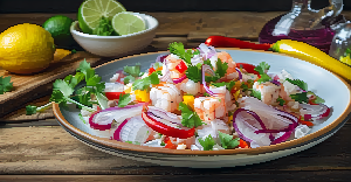 A colorful ceviche dish with fresh fish, red onions, and peppers on a wooden table.