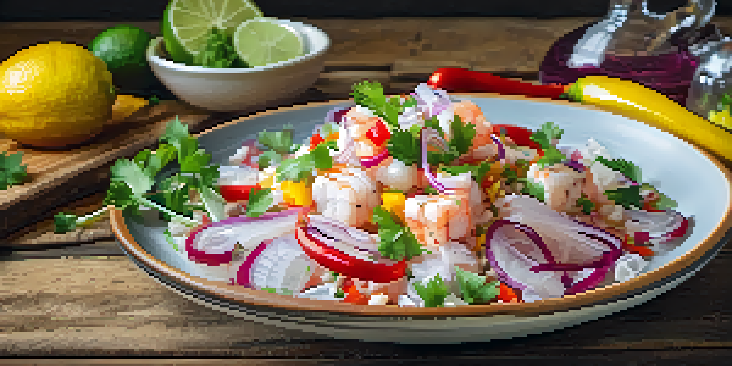 A colorful ceviche dish with fresh fish, red onions, and peppers on a wooden table.