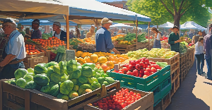 A bustling farmer's market showcasing a variety of colorful raw fruits and vegetables, with warm sunlight illuminating the scene.