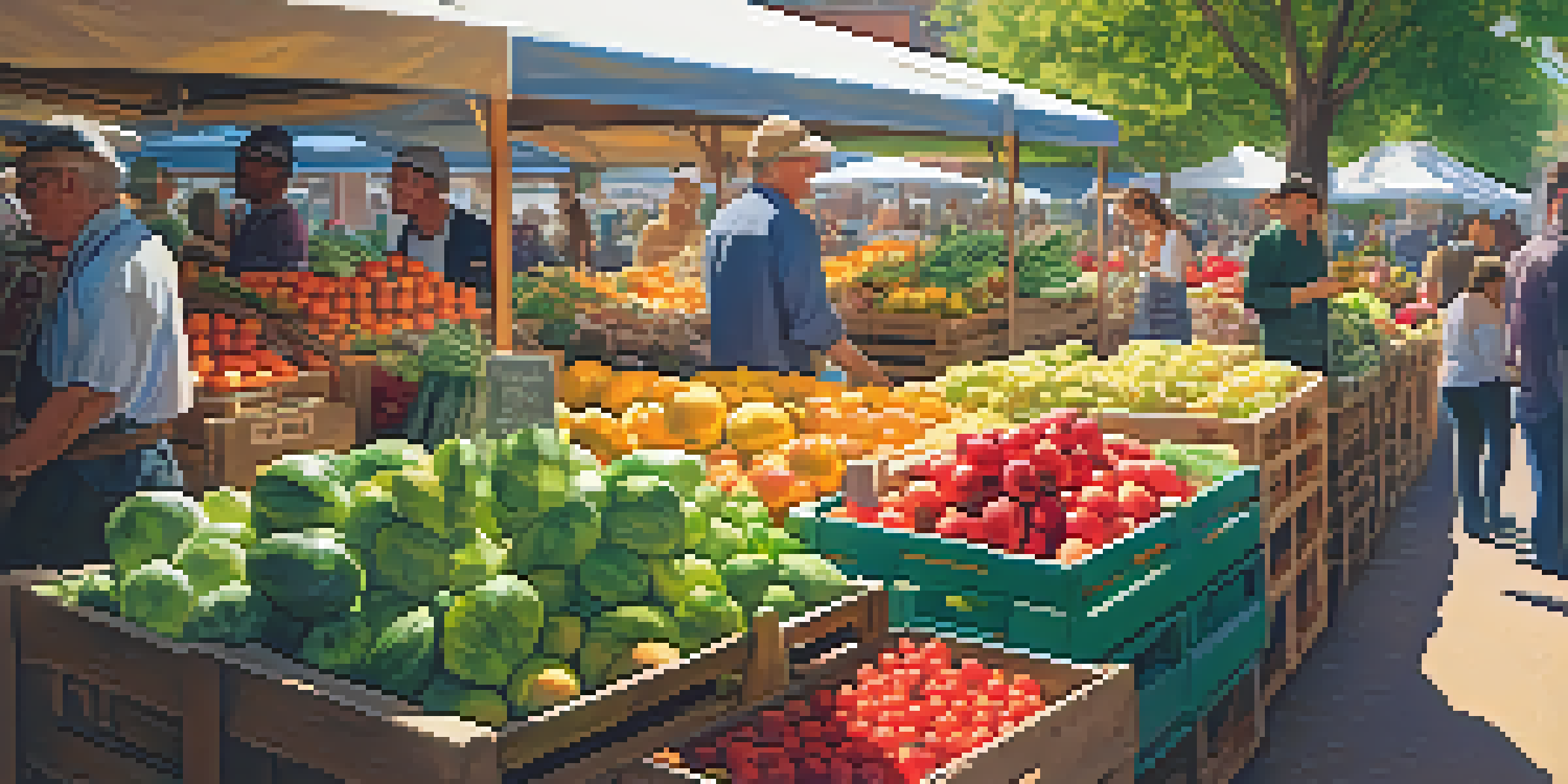 A bustling farmer's market showcasing a variety of colorful raw fruits and vegetables, with warm sunlight illuminating the scene.
