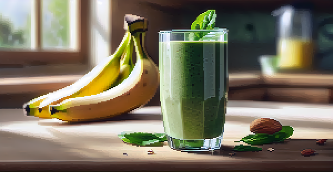 A glass of green raw food smoothie with banana slices and chia seeds on a wooden counter, illuminated by sunlight.