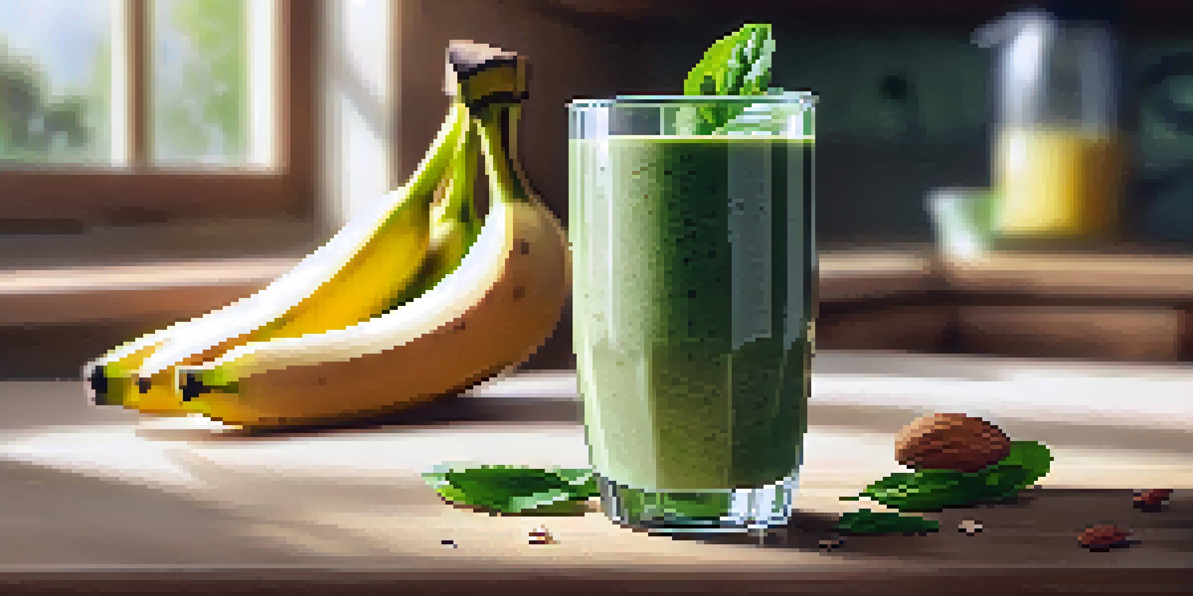 A glass of green raw food smoothie with banana slices and chia seeds on a wooden counter, illuminated by sunlight.