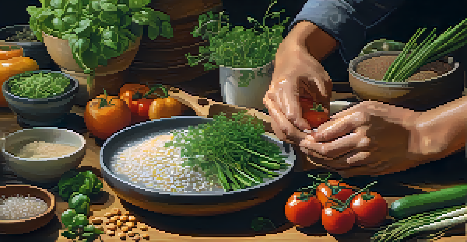 Close-up of hands preparing raw food, showcasing vibrant vegetables and traditional cooking techniques with warm lighting.